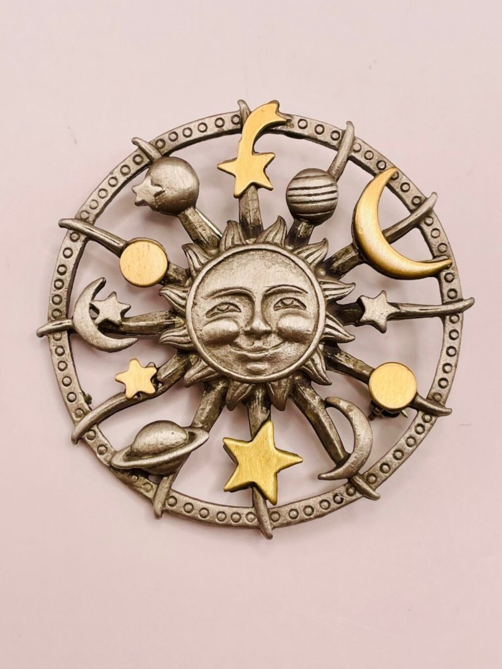 NOS Vintage Signed JJ Celestial Sun & Moon Brooch Pin Gold & Silver Tone -30B